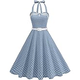 Womens Polka Cocktail Swing Dresses: 50s Vintage Buttons Belted Halter Neck - Audrey Hepburn Style Dress for Prom Party