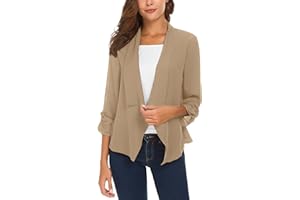 Urban CoCo Women's Ruched Sleeve Lightweight Thin Chiffon Blazer, Camel