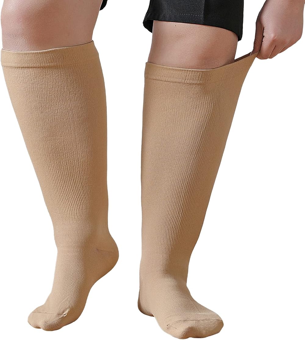PutuO Plus Size Compression Sock 20-30mmHg Beige 7XL Wide Calf Unisex