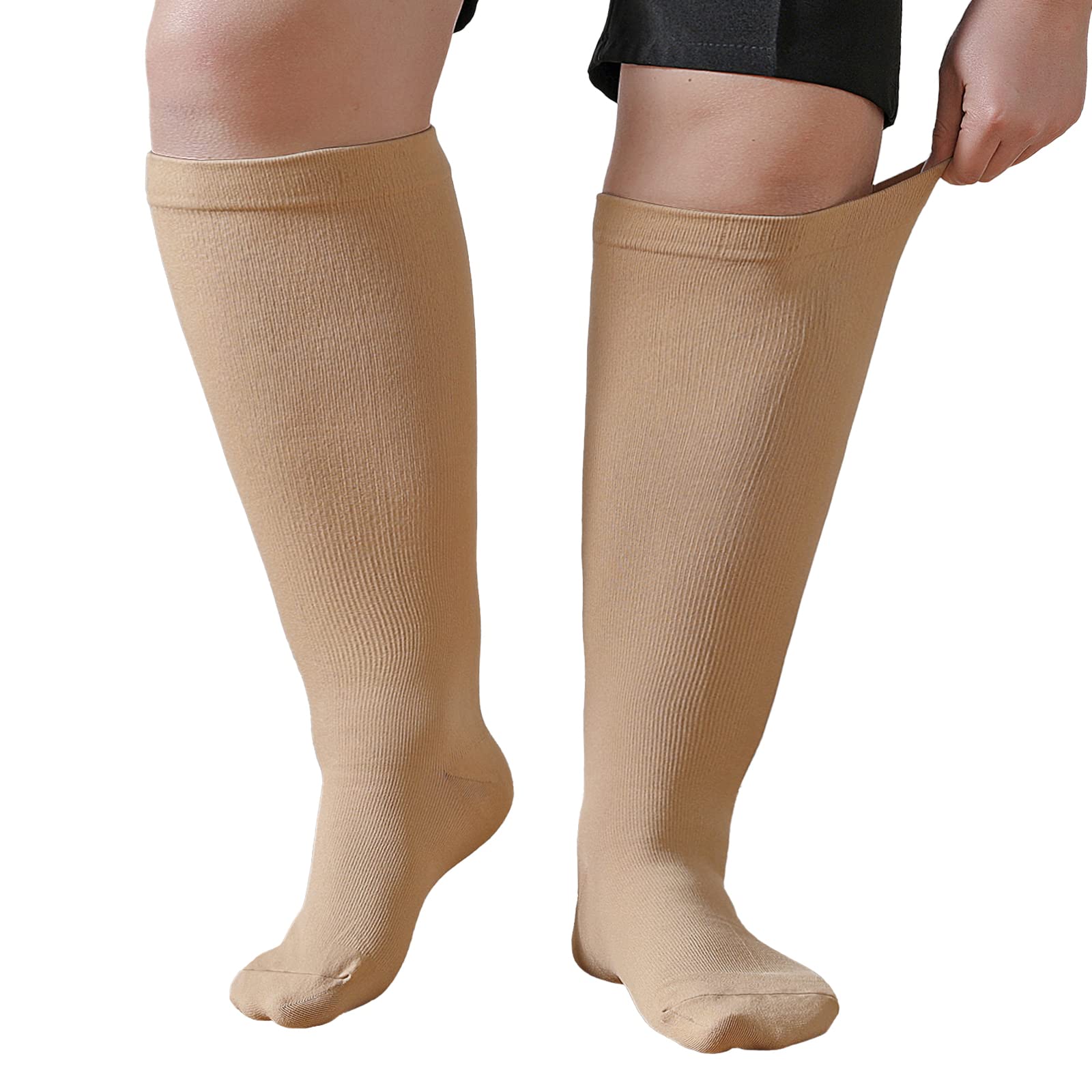 Plus Size Compression Sock For Women: Men Graduated Compression Stockings for Support Flight Travel Running Pregnancy Sports Edema Nurses Seniors Athletic Socks 20-30 mmHg Beige L/XL 1Pairs