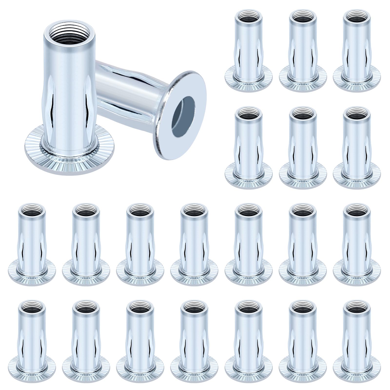 Glarks 20pcs M6 Multi-Grip Rivet Nuts Set White Zinc Plated Carbon Steel Flat Head Rivnut Pre Bulbed Shank Threaded Insert Rivet Nuts for Construction Industrial