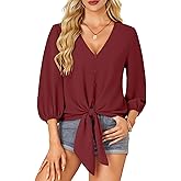 LYANER Women's Casual V Neck Tops 3/4 Sleeve Tie Knot Blouses Solid Button Down Summer Shirts