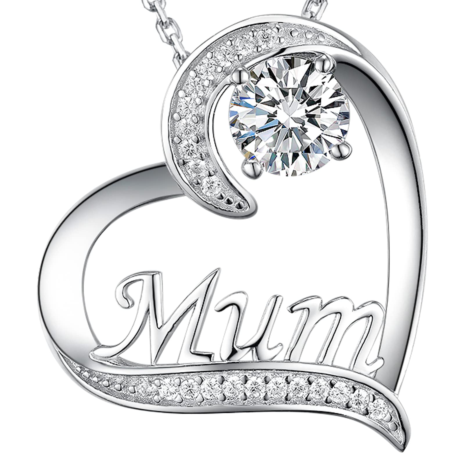 GinoMay Mothers Day Birthday Gifts Women April Birthstone Mum Necklace Simulated Diamond Love Heart Pendant Jewellery Mother Sterling Silver