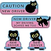 4Pcs Black Cat New Driver Car Magnet Sticker Safety Sign, Cute Shivering Cat Student Driver Sign for Car Bumper, Funny Cartoon Nervous Caution Reusable Supplies