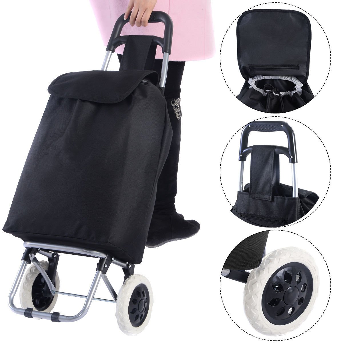 Black Large Capacity Light Weight Wheeled Shopping Trolley Push Cart