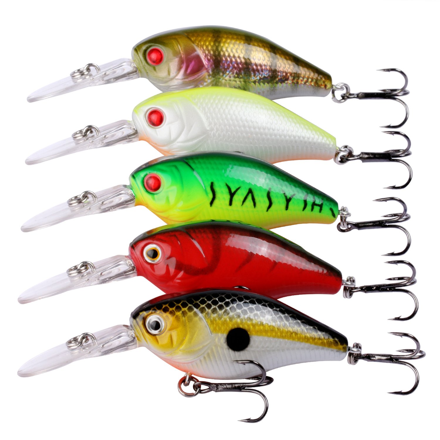 Goture Crankbait Set Hard Fishing Lure, Diving Wobblers Artificial Bait With 3D Eyes and #8 Black Nickel BKK Treble Hook for Freshwater and Saltwater (Pack of 5)