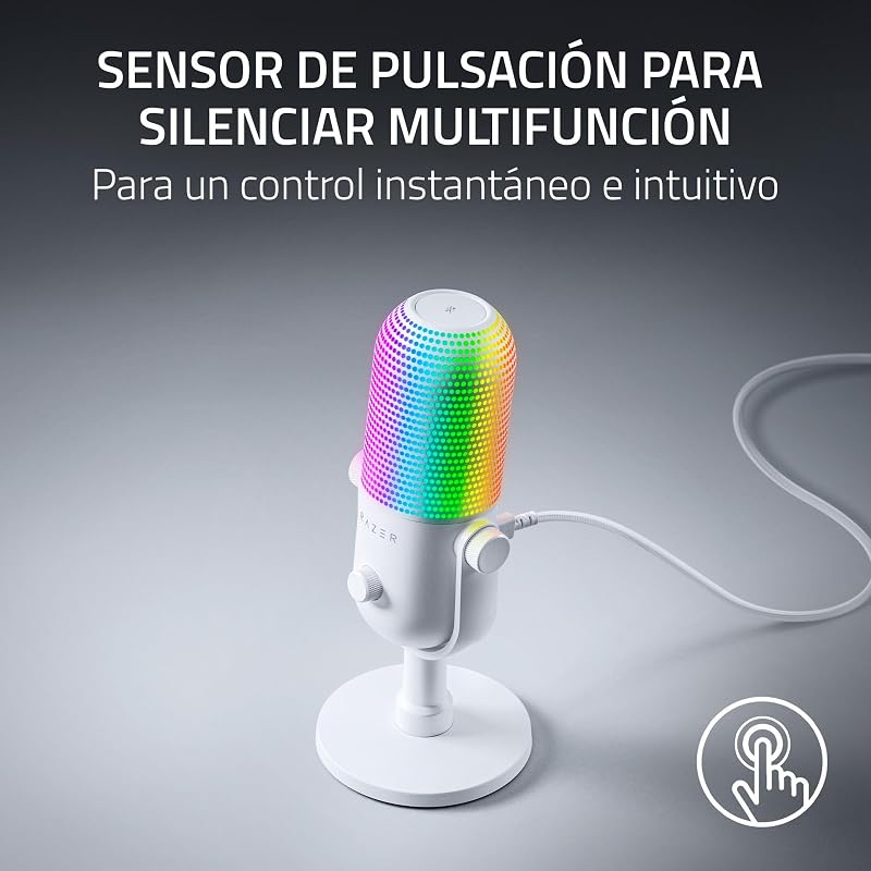 Razer seiren v3 chroma - microfone rgb usb - microfone condensador supercardióide com tap-to-mute (iluminação reativa, limitador de ganho digital e amortecedor integrado) branco
