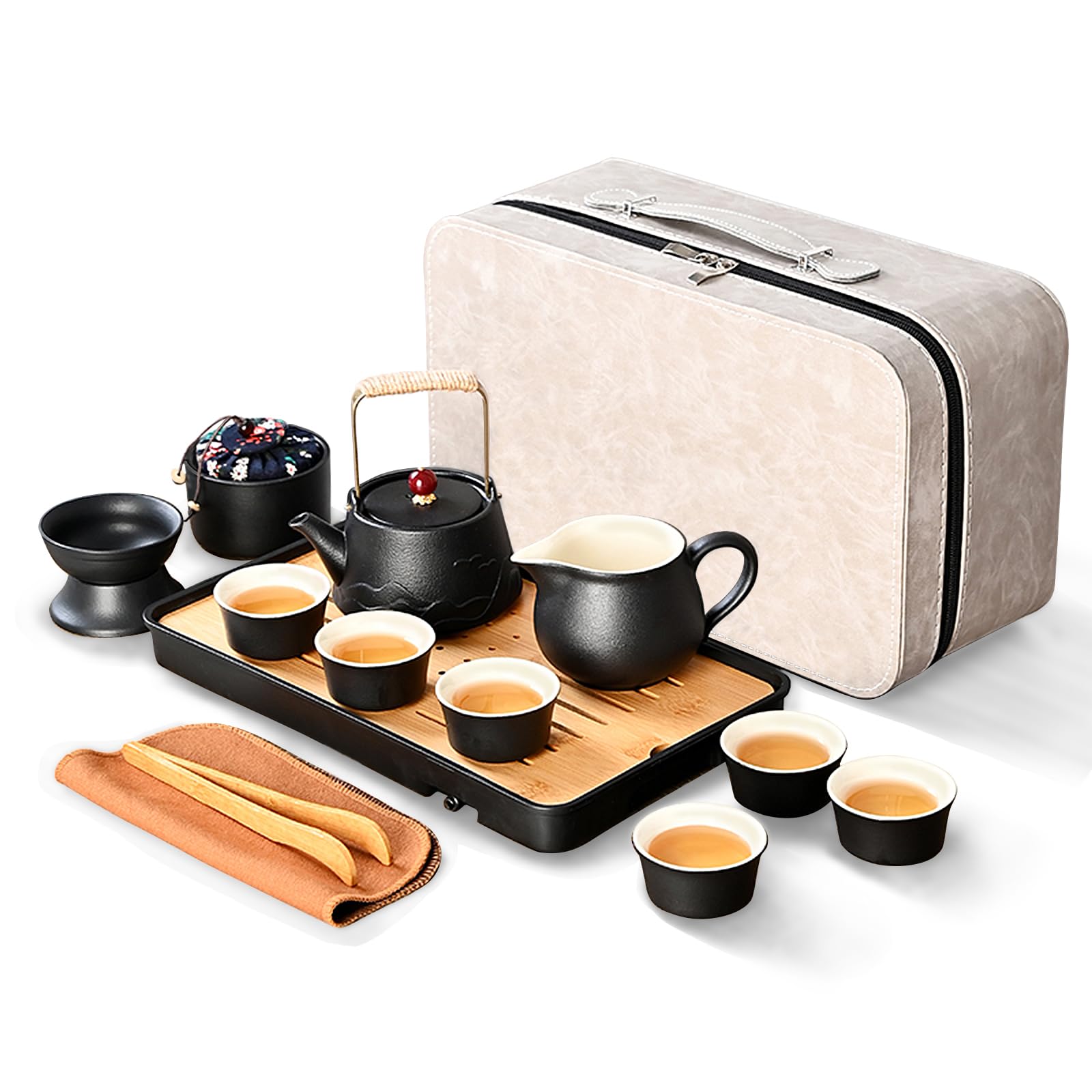 fanquare Black Japanese Travel Tea Set, Porcelain Kung Fu Teapot with Tray Portable Bag, China Tea Service for Men Women Gifts