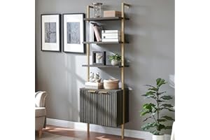 OAKHAM HOME Oxford Bookshelf, Ladder 5 Tier Open Bookshelf, Tall Book Shelf with Cabinet, Wall Mount Bookshelves with Open Display Rack, Bookcase with Shelves for Bedroom, Living Room (Black Oak)