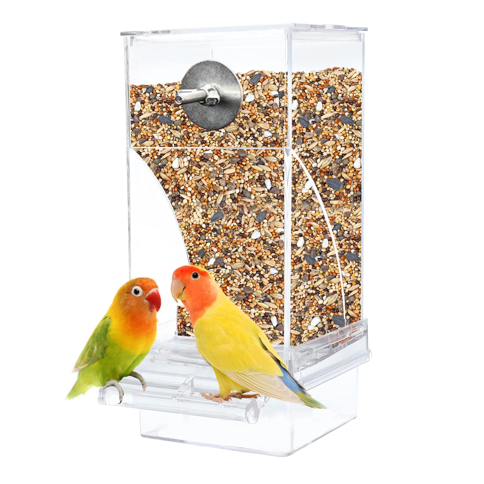 Photo 1 of kathson No-Mess Bird Feeder Parrot Integrated Automatic Feeder Seed Food Container Acrylic Finch Foraging Feeders with Perch Cage Accessories for Small Birds Parakeet Canary Cockatiel Lovebirds