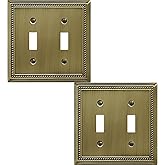 OKAWYC Double Toggle Light Switch Cover Belaire Beaded Metal Wall Plate, 2-Pack Antique Brass 2 Gang, for Light Switch Cover Decorative Wallplate, Durable