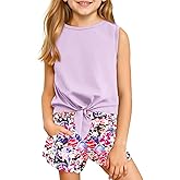 Haloumoning Girl's 2 Piece Outfits Kids Tie Knot Tank Top and Paperbag Waist Pocketed Summer Short Sets 5-14 Years