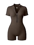 OQQ Women Rompers Ribbed Short Sleeve Zip Front