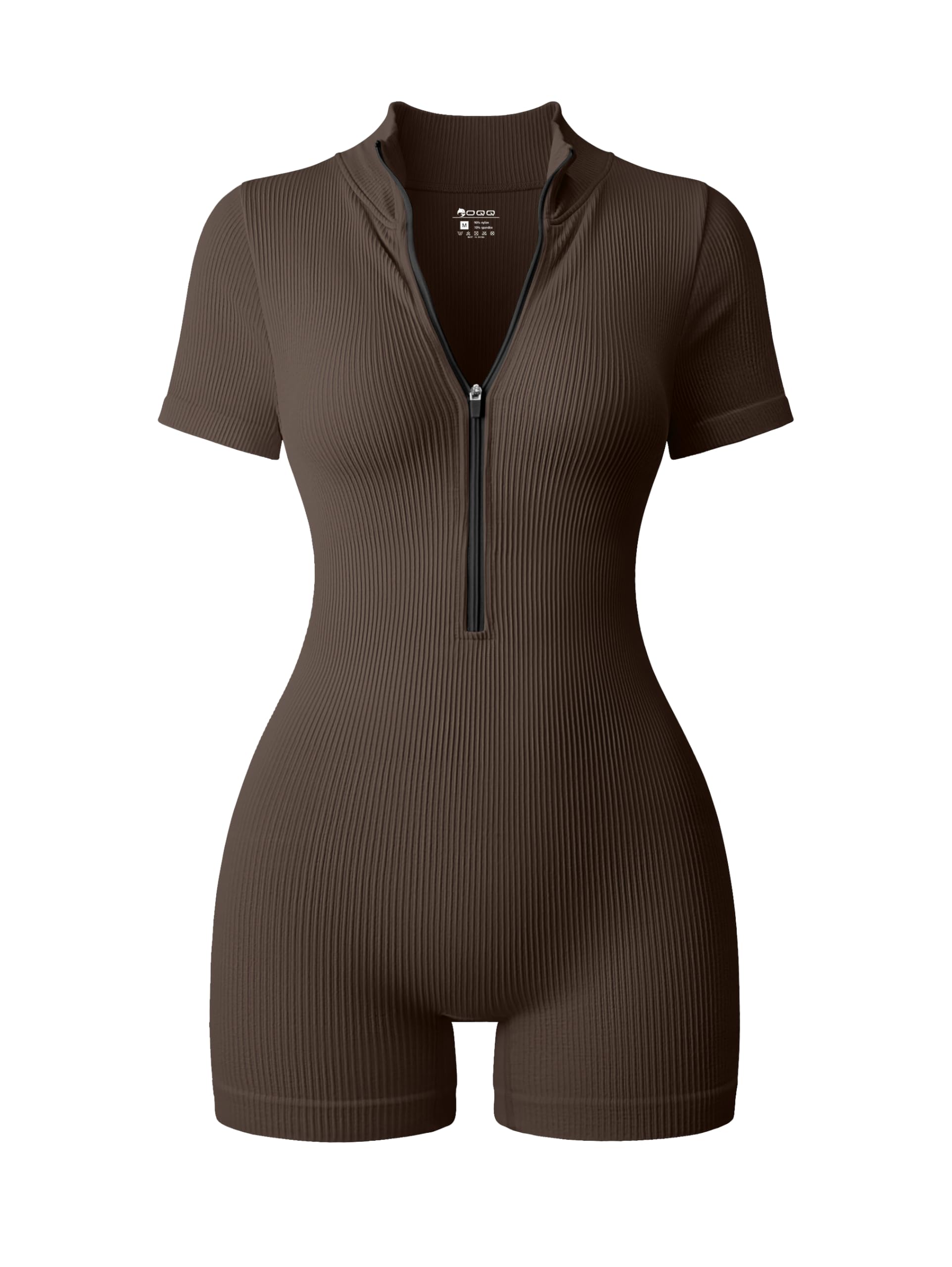 Photo 1 of OQQ Women Rompers Ribbed Short Sleeve Zip Front Stretch Tummy Control Yoga Workout Rompers Darkbrown