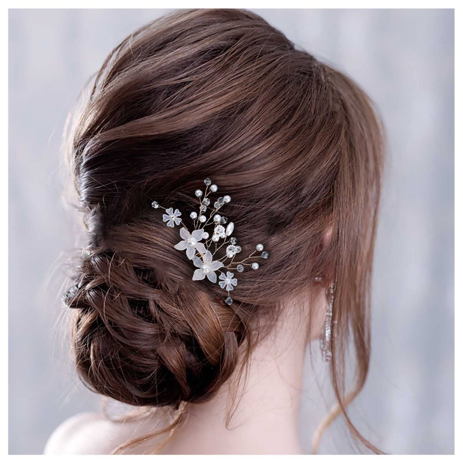 Cimenexe Bohemian Crystal Flower Hair Comb Rhinestone Flower Headpiece Gold Pearl Hair Barrette Pearl Flower Headwear Hairpiece Decorative Wedding Comb Hair Accessories Jewelry for Women and Girls