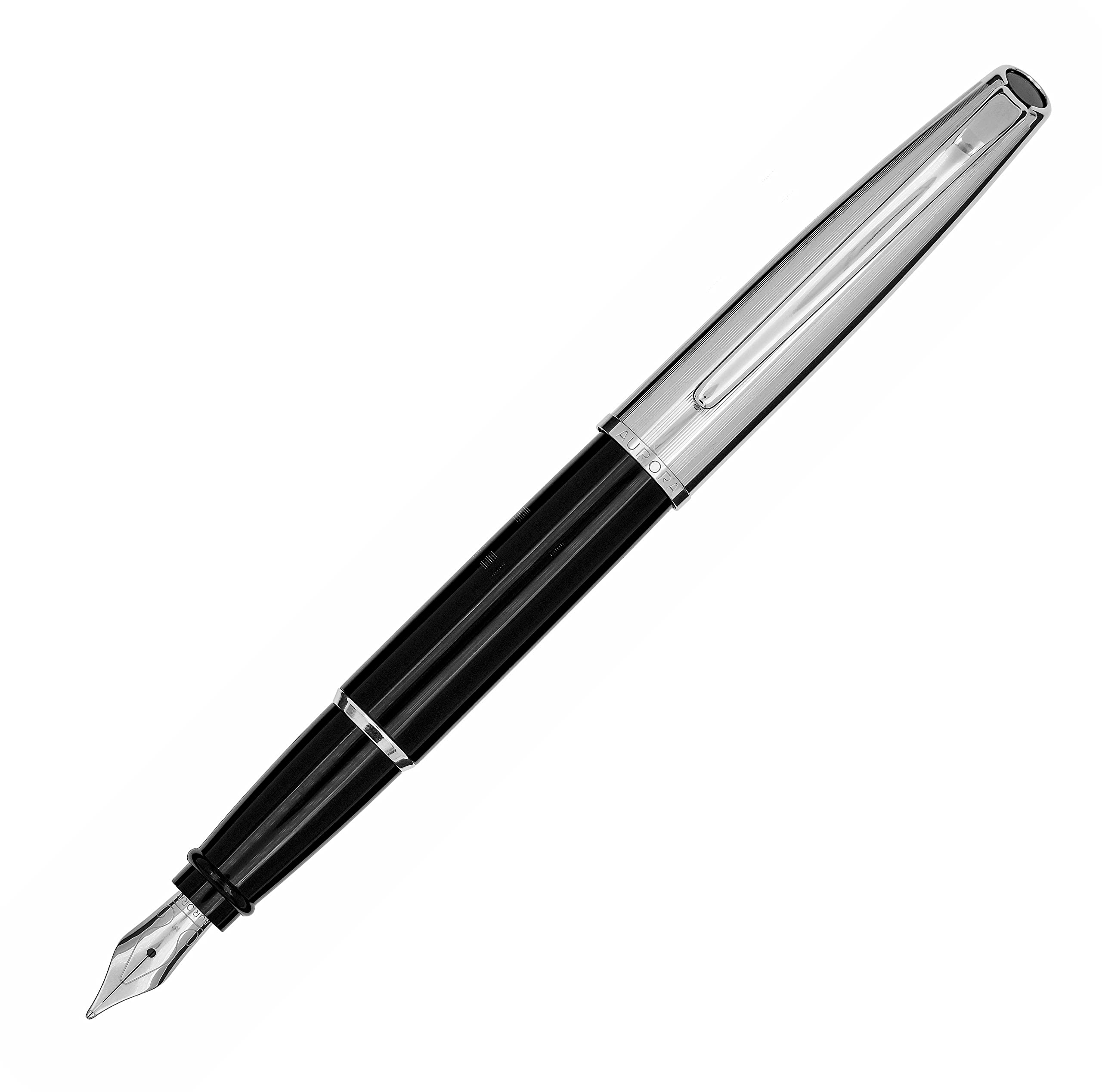 Aurora Style Metal Fountain Pen Resin Black with Chrome-Plated Fittings Chrome-Plated Steel Nib in Thickness M Gift Box