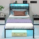 J.Fkne Twin Bed Frames with Charging Station and LED Lights, Twin Size Platform Bed with Metal Slats, Upholstered Headboard with 2-Tier Storage Shelves, No Box Spring Needed, Easy Assembly, Black