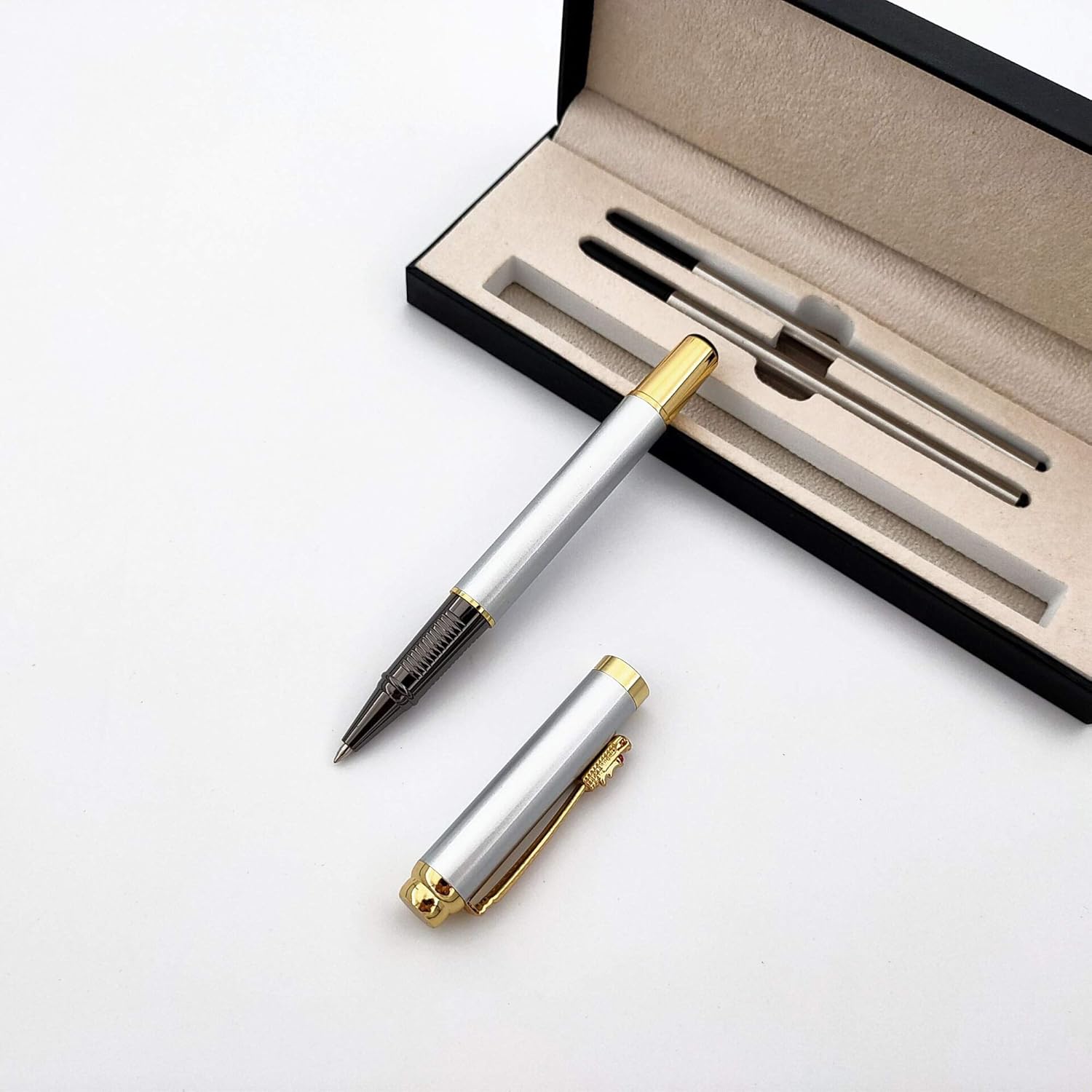 Accod Fine Nib Rollerball Pen High-end Business Signature Pen Clip Black Ink Rollerball Pen with Two 0.5mm Replacement Refills Gift Premium Gift Box (Silver) - Image 5