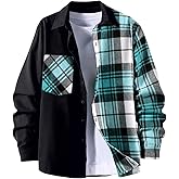 OYOANGLE Men's Colorblock Plaid Print Button Down Long Sleeve Pocket Collared Shirts Top
