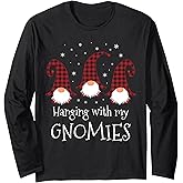 Hanging with My Gnomies Plaid Garden Christmas Gnome Long Sleeve T-Shirt
