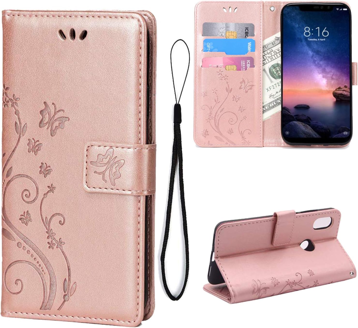 Teebo Wallet Case for Xiaomi Redmi Note 6 Pro/Note 6 Kickstand Card Slots Holder Leather Girls Cases [Butterfly Flower] Heavy Duty Flip Case Cover for Xiaomi Redmi Note 6 Pro/Note 6(Rose Gold)