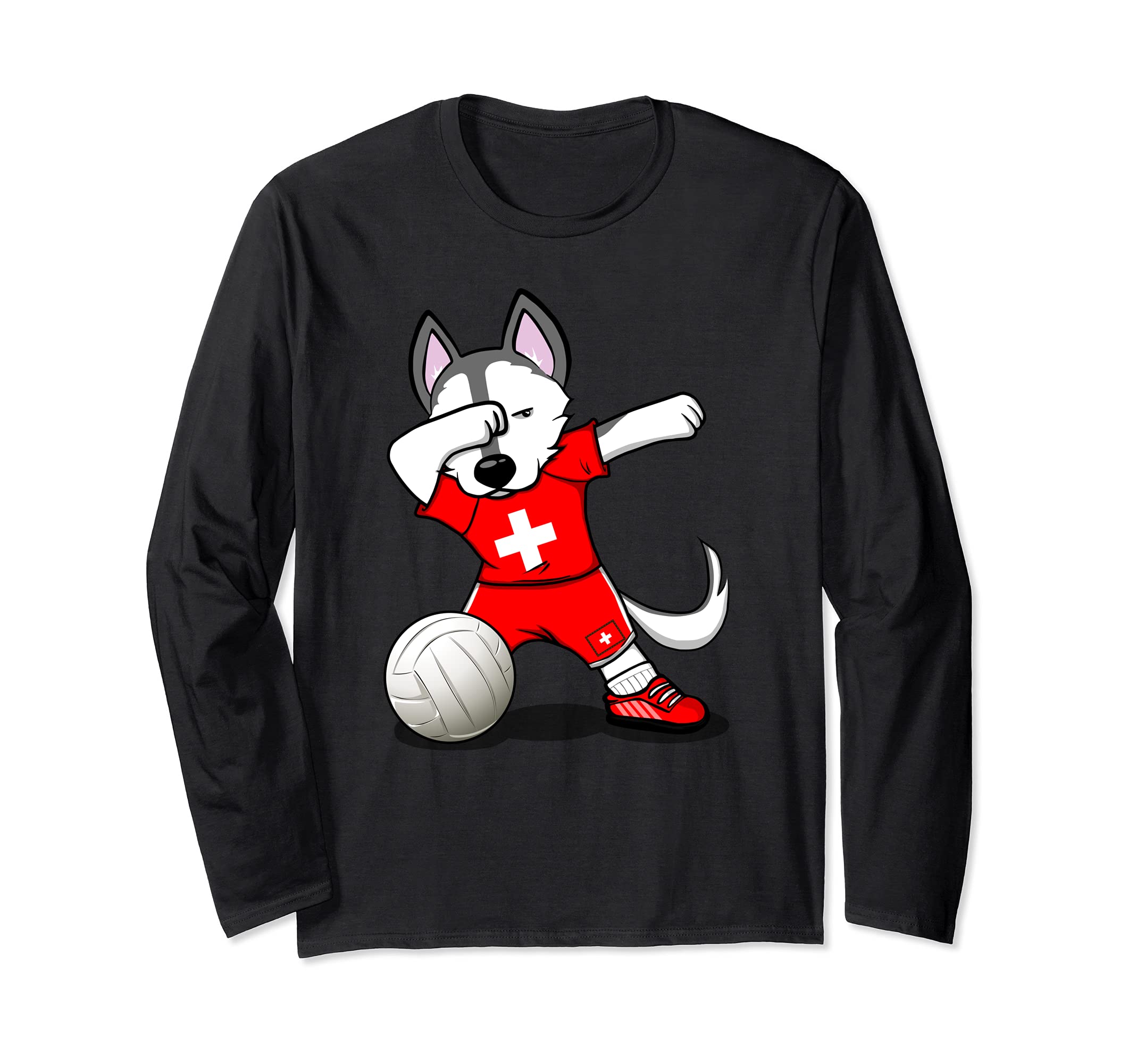 Dabbing Husky Switzerland Volleyball Fans Jersey Swiss Flag Long Sleeve T-Shirt