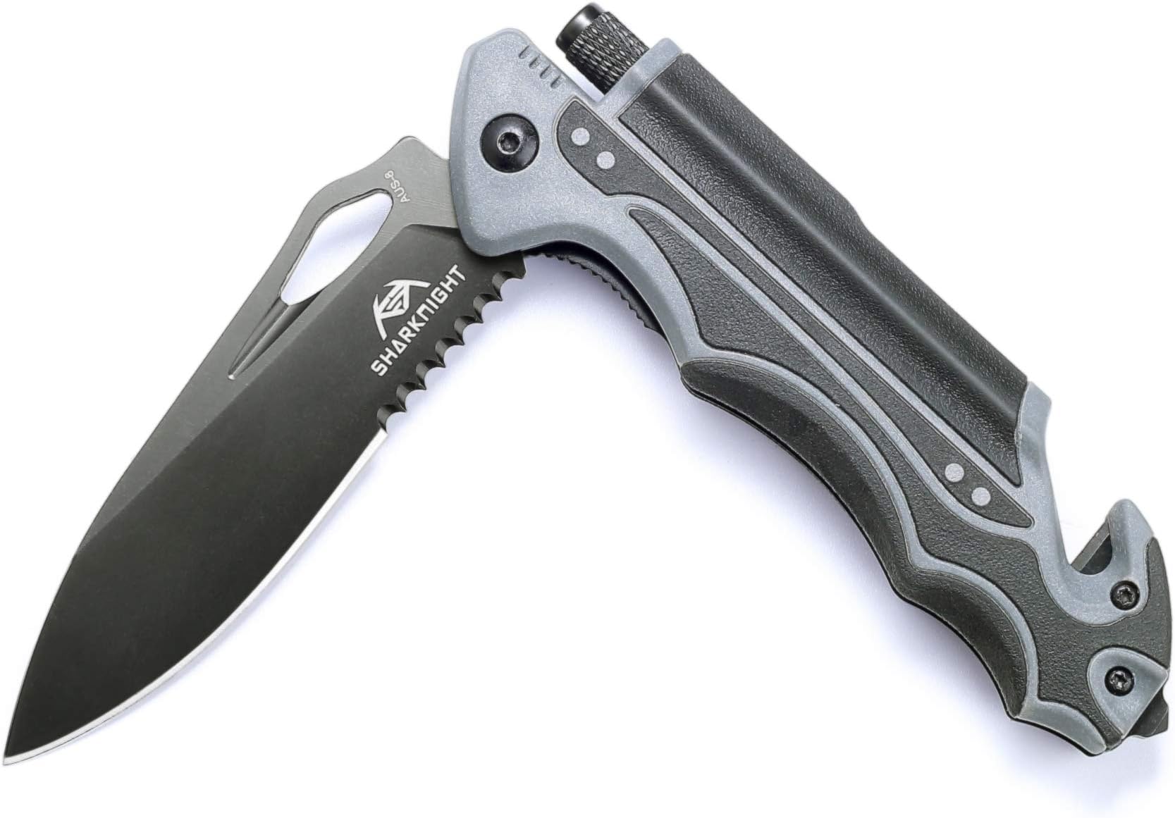 Sharknight Survival Knife, 5-in-1 Pocket Folding Knife with AUS-8 Blade Ball Bearing Pivot System LED Light Magnesium Fire Starter Seatbelt Cutter Glass Breaker