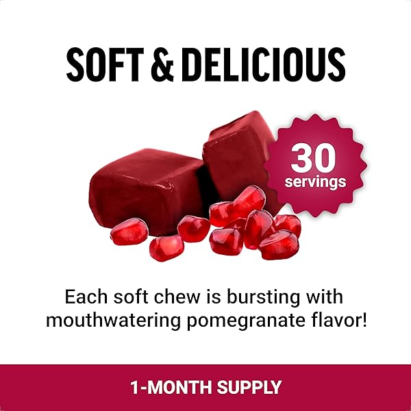 FORCE FACTOR POMEGRANATE SOFT CHEWS FOR HEALTHY AGING, HEART HEALTH, BONE HEALTH, & BRAIN HEALTH, SUPERFOOD & ANTIOXIDANTS SUPPLEMENT, NON-GMO, GLUTEN-FREE, VEGAN, POMEGRANATE FLAVOR, 30 SOFT CHEWS