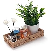 Woven Bathroom Vanity Tray for Storage Water Hyacinth Back of Toilet Basket Long Narrow Guest Towel Holder (Natural 10.2 x 4.9 x 1.8 inch)