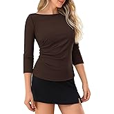 Boat Neck 3/4 Sleeve Tops for Women Ruched Side Ribbed T-Shirts Fitted Casual Basic Tees Summer Fall Outfits Going Out Top