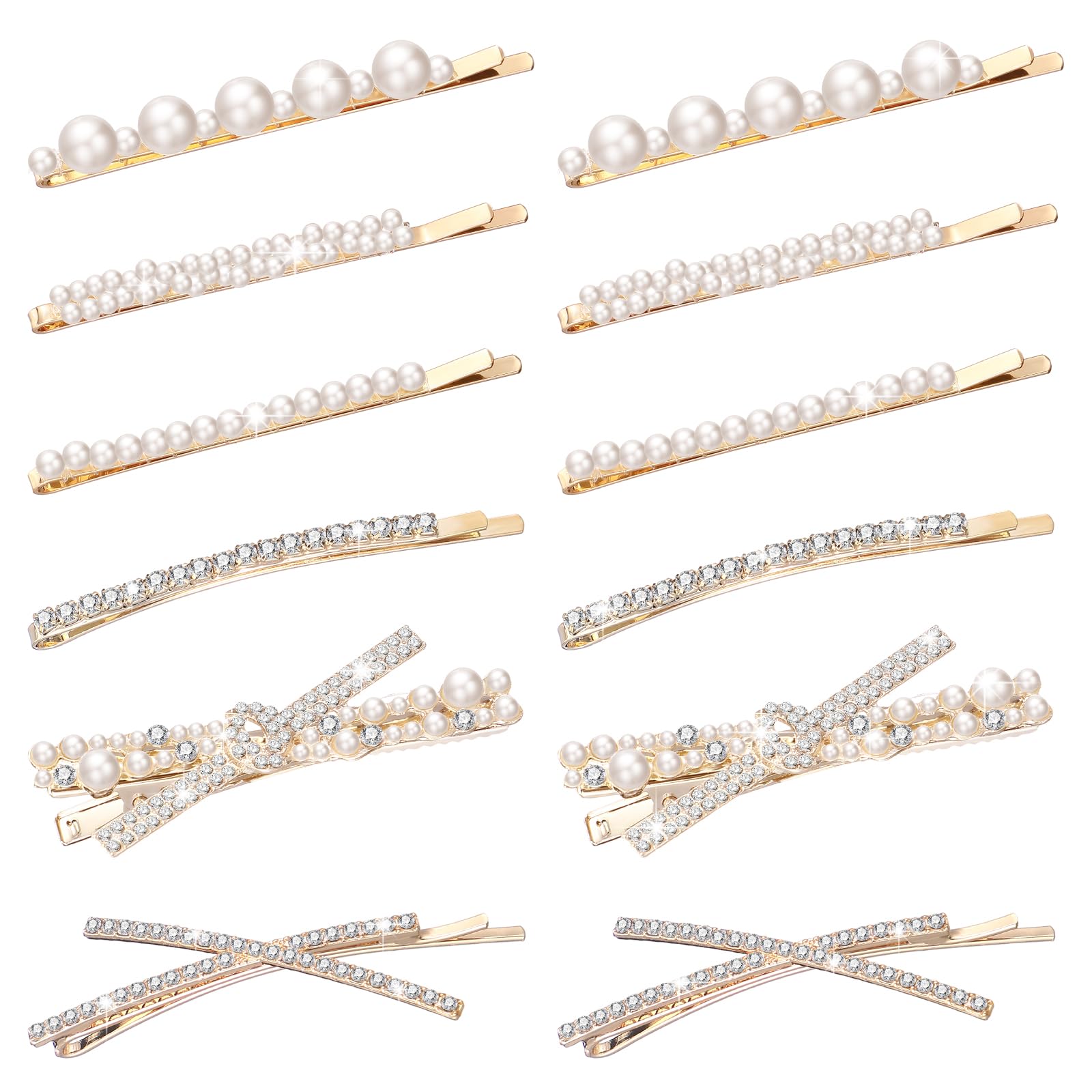 Photo 1 of 12 Pieces Rhinestone Bobby Pins Decorative Fancy Crystal Hair Clips Shiny Metal X Shaped Barrettes Bling Diamond Wedding Bridal Shower Hair Accessories for Women Ladies Girls (Gold, White)