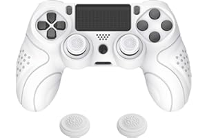 PlayVital Guardian Edition White Ergonomic Soft Anti-Slip Controller Silicone Case Cover for PS4 Slim/Pro, Rubber Protector with White Joystick Caps