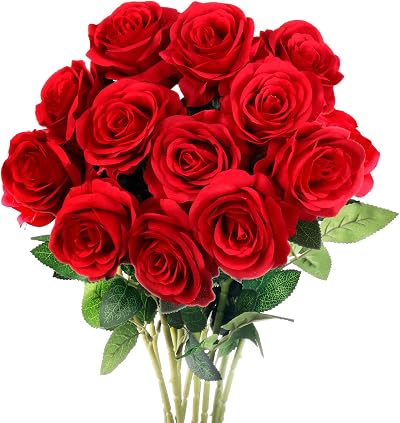 Mocoosy 12Pcs Red Artificial Rose Flowers Realistic Silk Long Stem