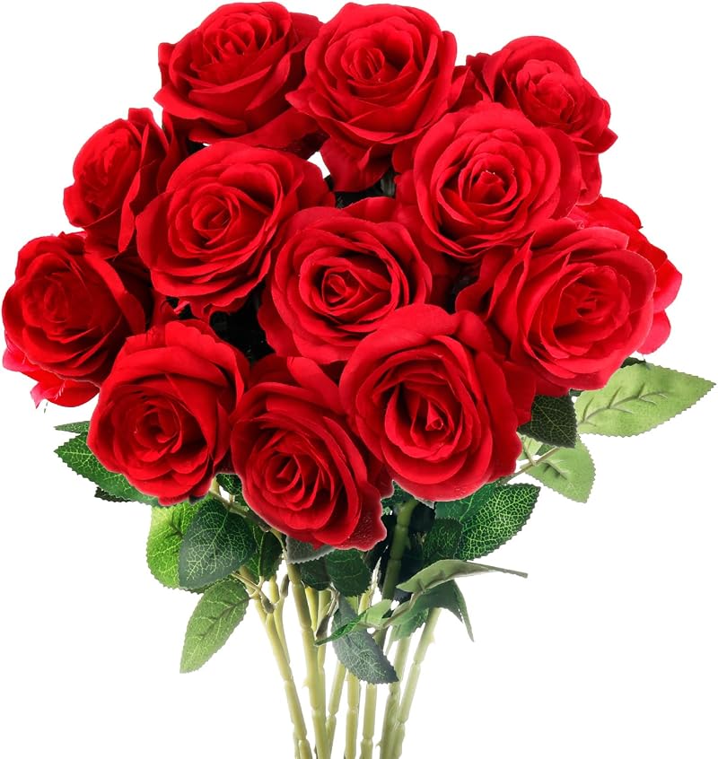 Mocoosy 12Pcs Red Artificial Rose Flowers Realistic Silk Long Stem