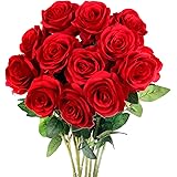 Mocoosy 12 PCS Red Rose Artificial Silk Flowers, Fake Roses with Long Stems Realistic Faux Rose Flower Bouquets for Wedding D