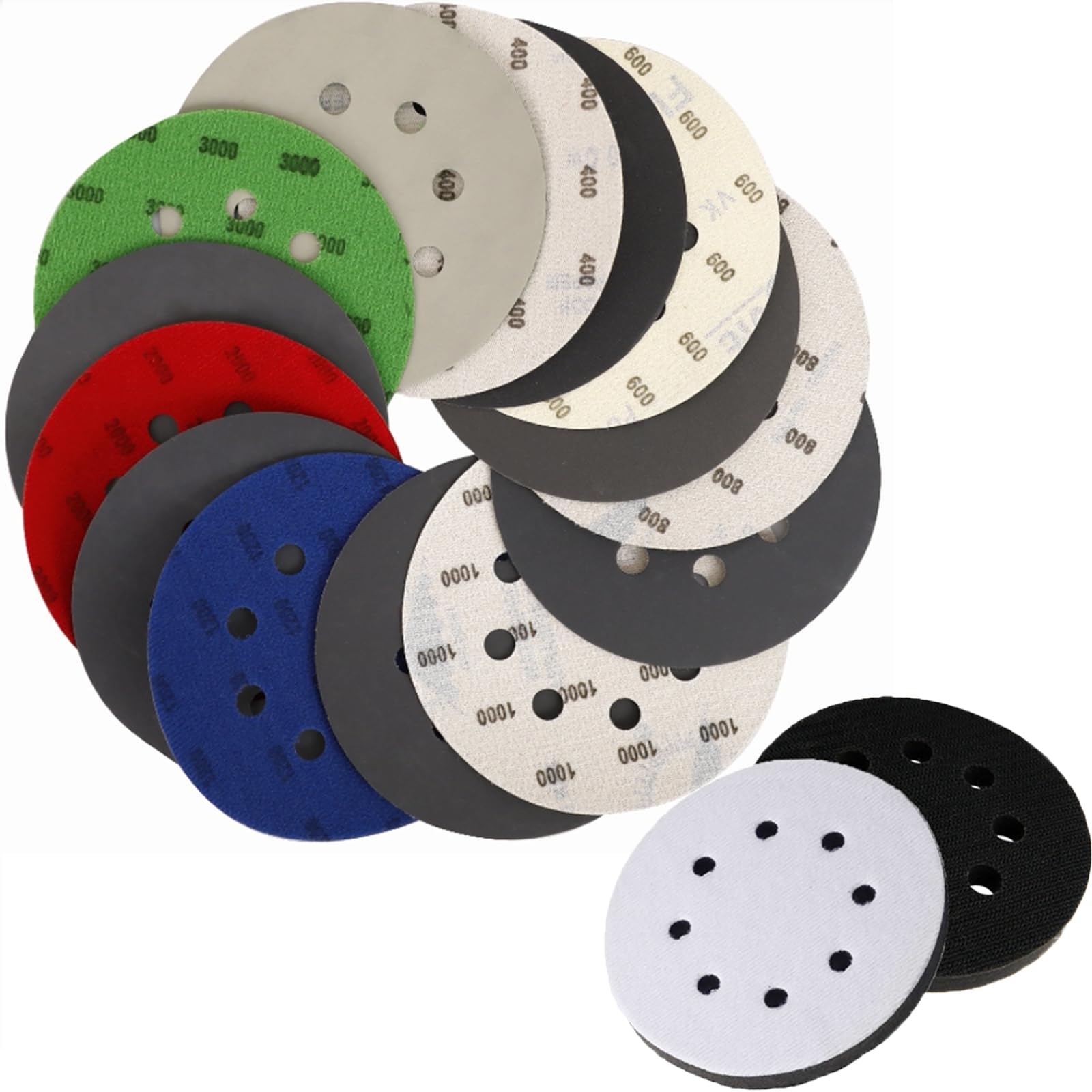 32 PCS 125mm Wet and Dry Sandpaper with 2 PCS Interface Pads, WEWINK PLUS 5 Inch 8 Hole Hook and Loop Sanding discs 1200 2000 2500 3000 4000 5000 7000 10000 Grit for Wood, Metal, Orbital Sander