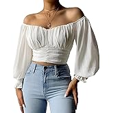 MIRACMODA Womens Elegant Off The Shoulder Puff Sleeve Blouse Summer Chiffon Slim Fit Party Crop Top