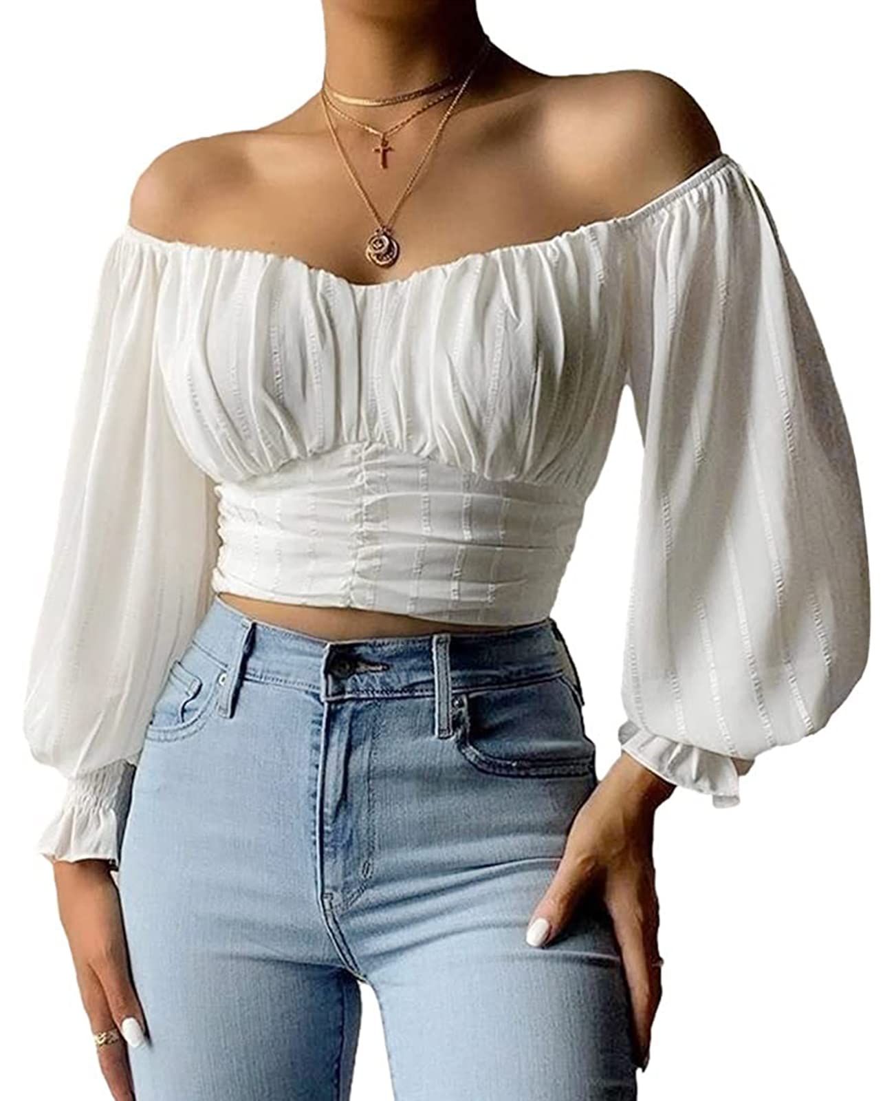 Photo 1 of MIRACMODA Womens Elegant Off The Shoulder Puff Sleeve Blouse Summer Chiffon Slim Fit Party Crop Top White SIZE XXL