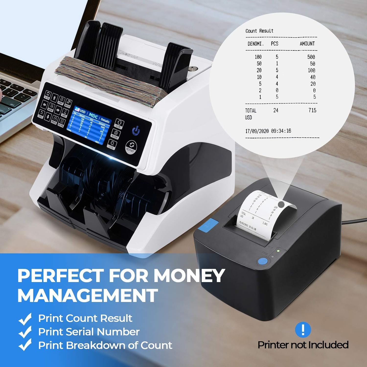MUNBYN Bank Grade Money Counter Machine Mixed Denomination, Value Counting, Serial Number, Multi Currency, PC/Printer Enabled 11 Counterfeit Detection Cash Counter Machine with Bill Recognizes : Office Products