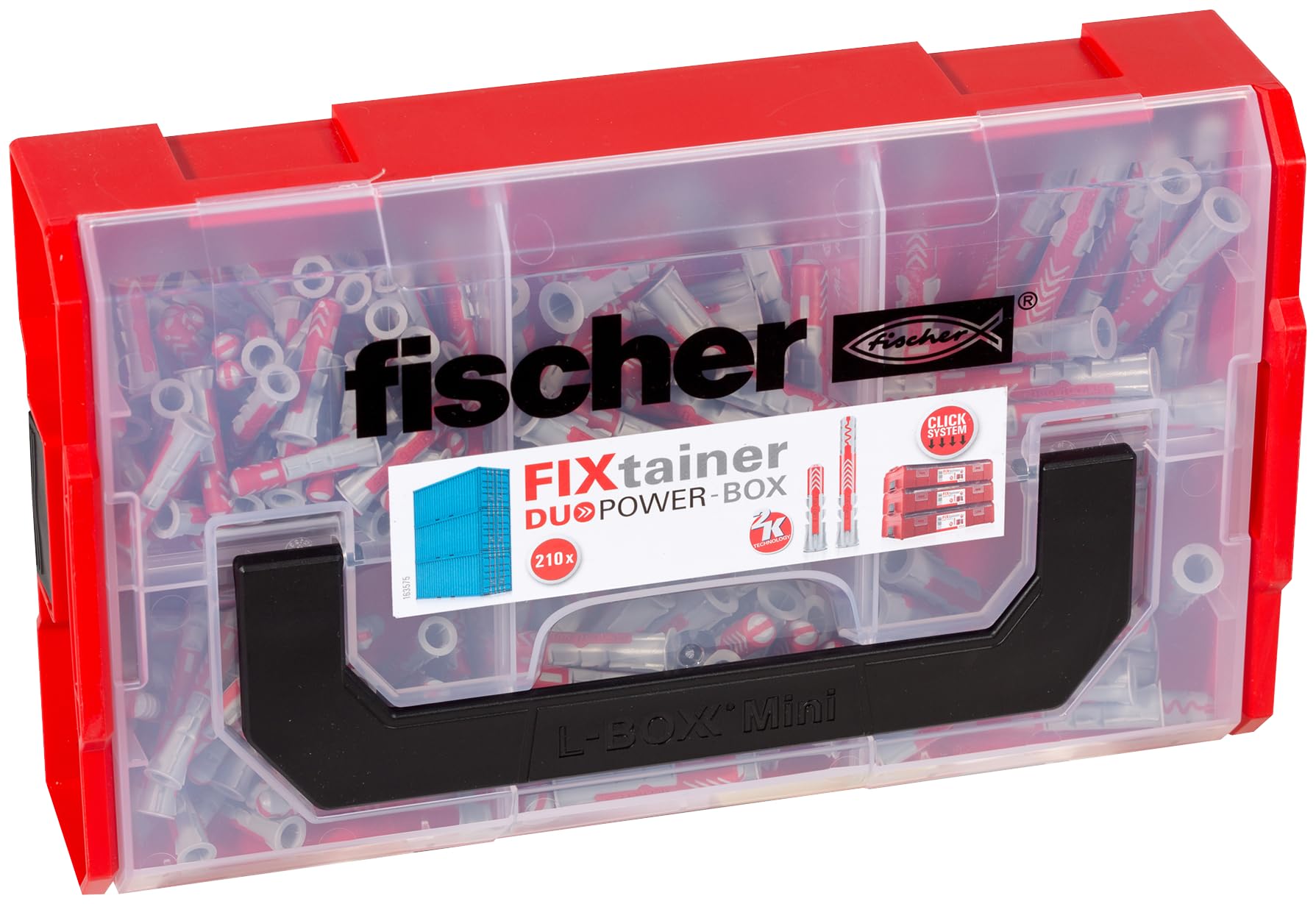 fischer FixTainer DuoPower Short/Long Dowel Box with 210 DuoPower Dowels (80 Pieces 6 x 30, 40 Pieces 6 x 50, 60 Pieces 8 x 40, 30 Pieces 8 x 65), Dowel Box with Carry Handle & Click System