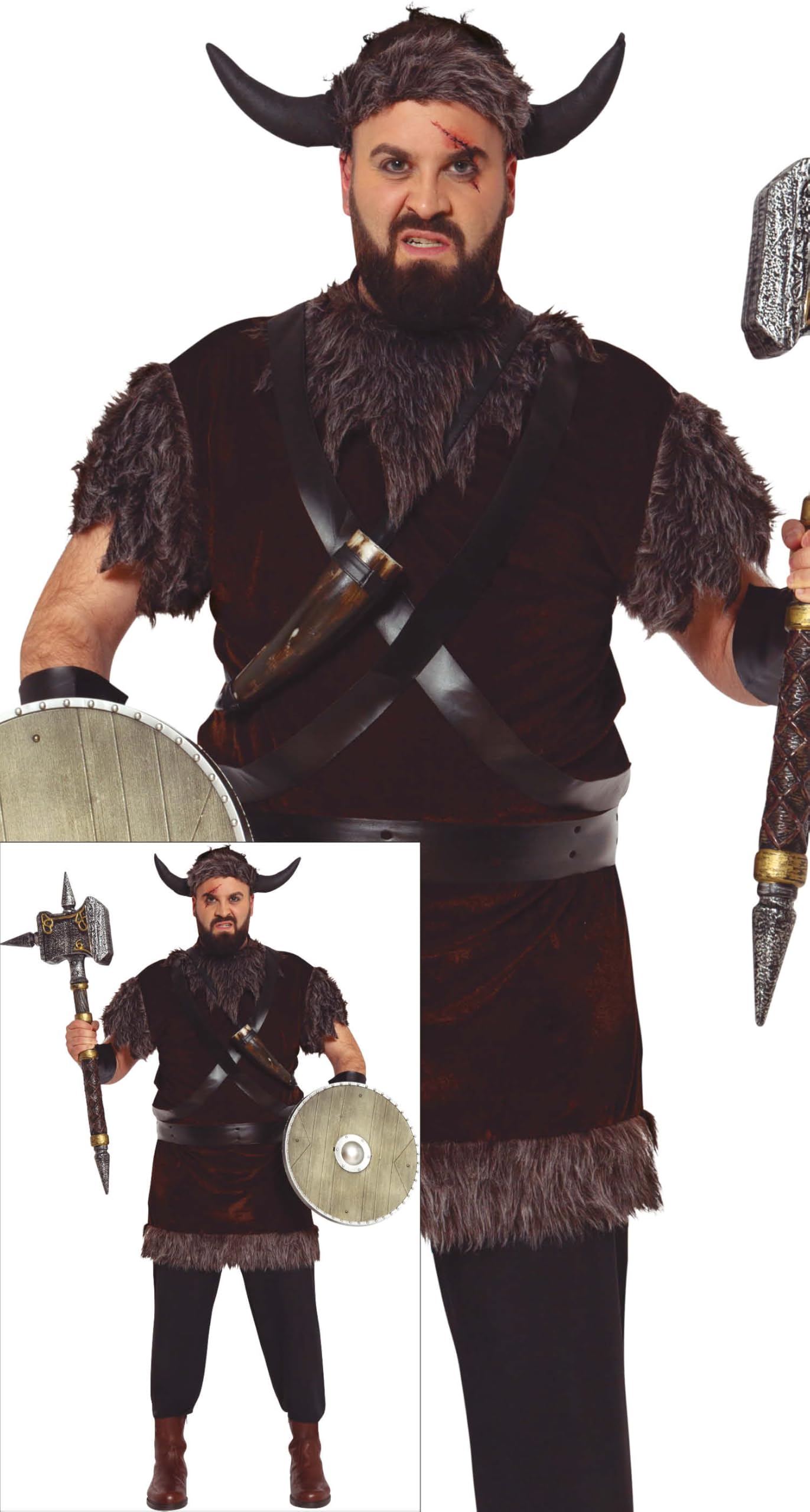FIESTAS GUIRCA | Adult Viking Fancy Dress Costume (54-56/XL) - Dress, Headband, Belt, Horns and Cuffs - Nordic Warrior Outfit for Halloween, Carnival and Fancy Dress Parties - Men - Brown and Grey