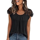 AUTOMET Womens Lace Tops Pleated Short Sleeve Shirts Summer Business Casual Dressy Blouses