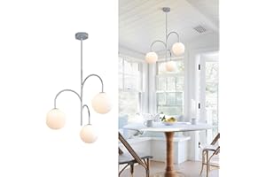 Flyrose Modern 3 Light Milk Glass Chandelier Mid Century Chandelier Brushed Nickel Pendant Light Large Globe Ball Sputnik Chandelier Light Fixture Kitchen Island Dining Room Lighting (Nickel)