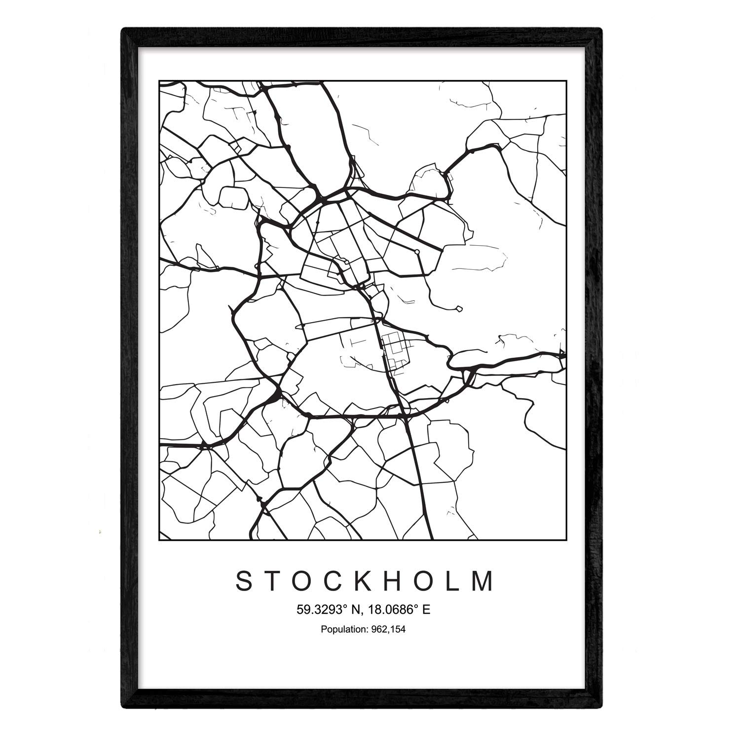 Nacnic Print city map Stockholm Scandinavian style in black and white. A3 size,printed poster paper No 250 gr. Paintings, prints and posters for living room and bedroom