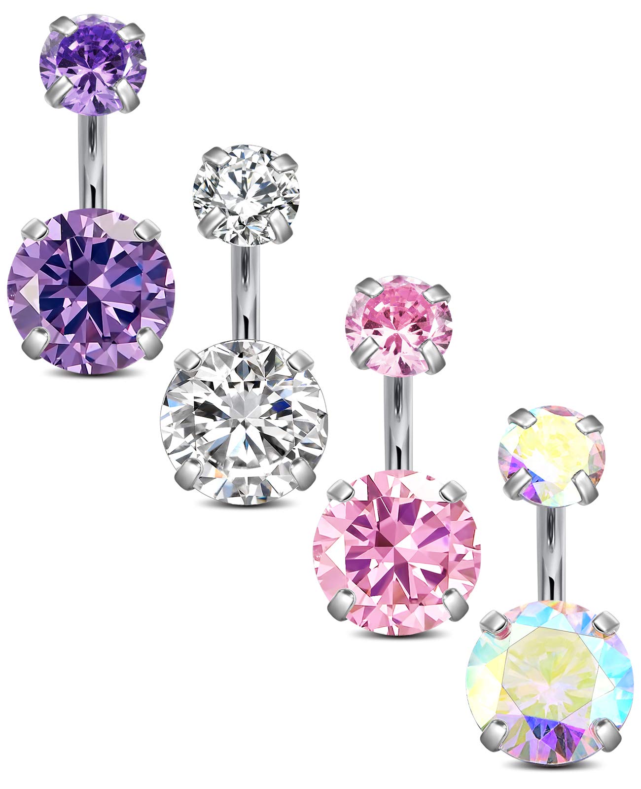 VCMART 4pcs Belly Bars Pack 6/8/10/12mm Navel Button Rings Set Stainless Steel 14G Piercing Jewellery CZ