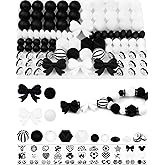 106PCS FIVEIZERO Black & White Focal Silicone Beads for Keychain Making – Bow, Round, Lentil, Hexagon & Rhinestone Spacer Beads for Pens, Bracelets & DIY Crafts (Sweet Style)