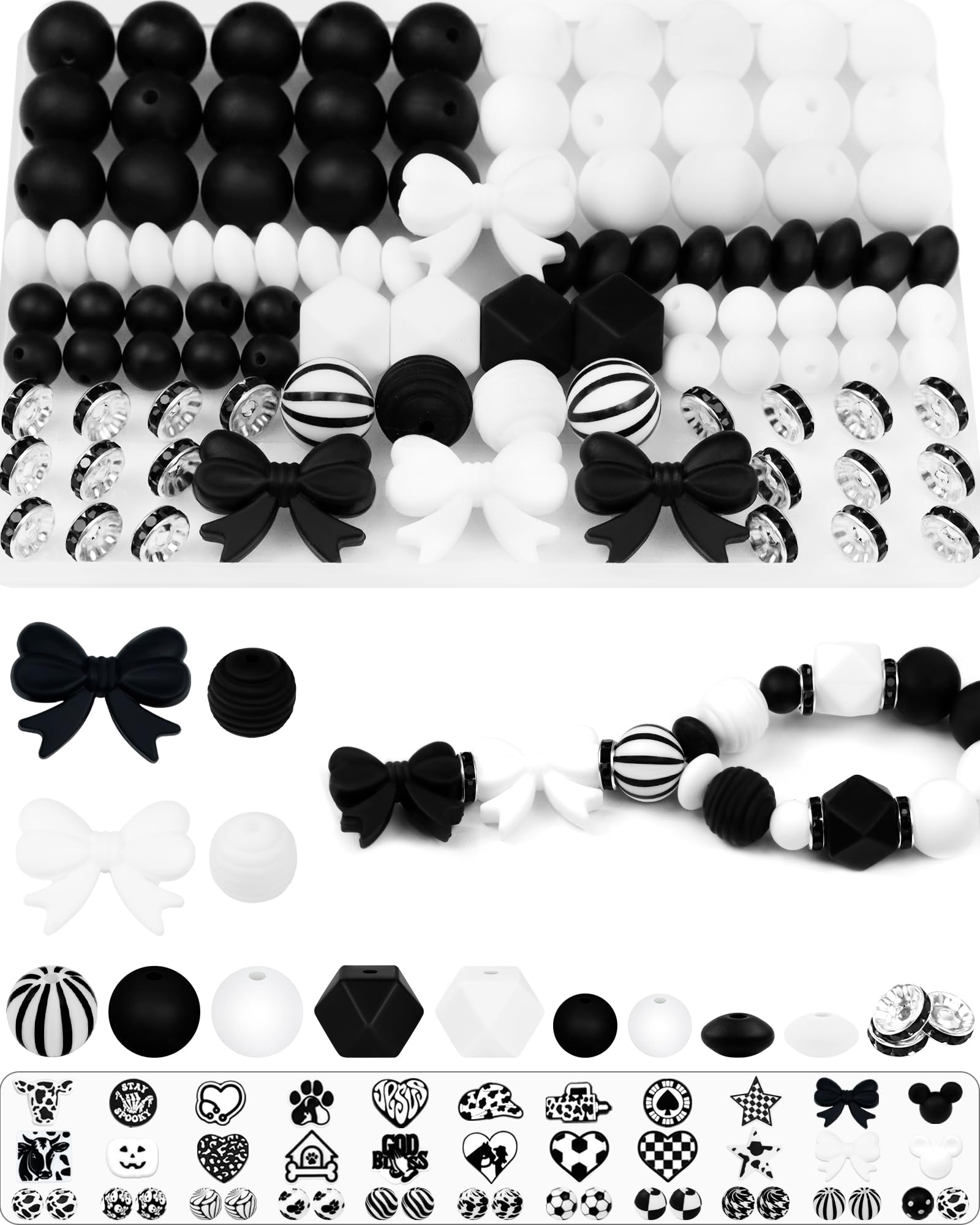 Photo 1 of 106PCS FIVEIZERO Black & White Focal Silicone Beads for Keychain Making – Bow, Round, Lentil, Hexagon & Rhinestone Spacer Beads for Pens, Bracelets & DIY Crafts (Sweet Style)