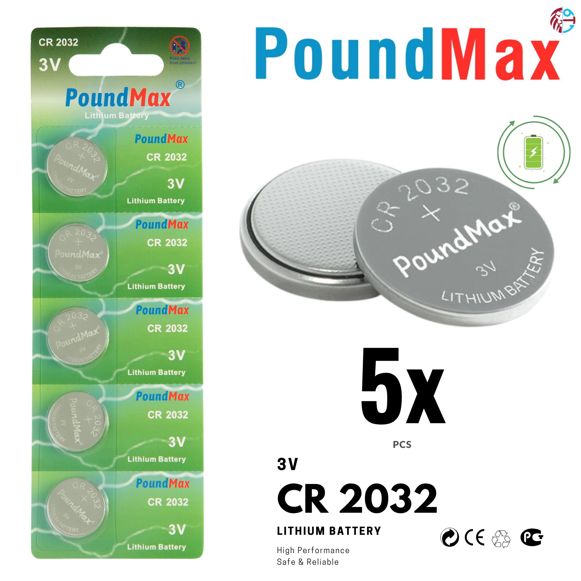 PoundMax CR2032 Lithium Coin Cell Battery, Compatible with AirTag, 3V Long-Lasting Reliable Power for Watches, Calculators, Electronic Toys - Leak-Proof BR2032 DL2032 EA2032 ECR2032 KCR2032 (5 Pack)