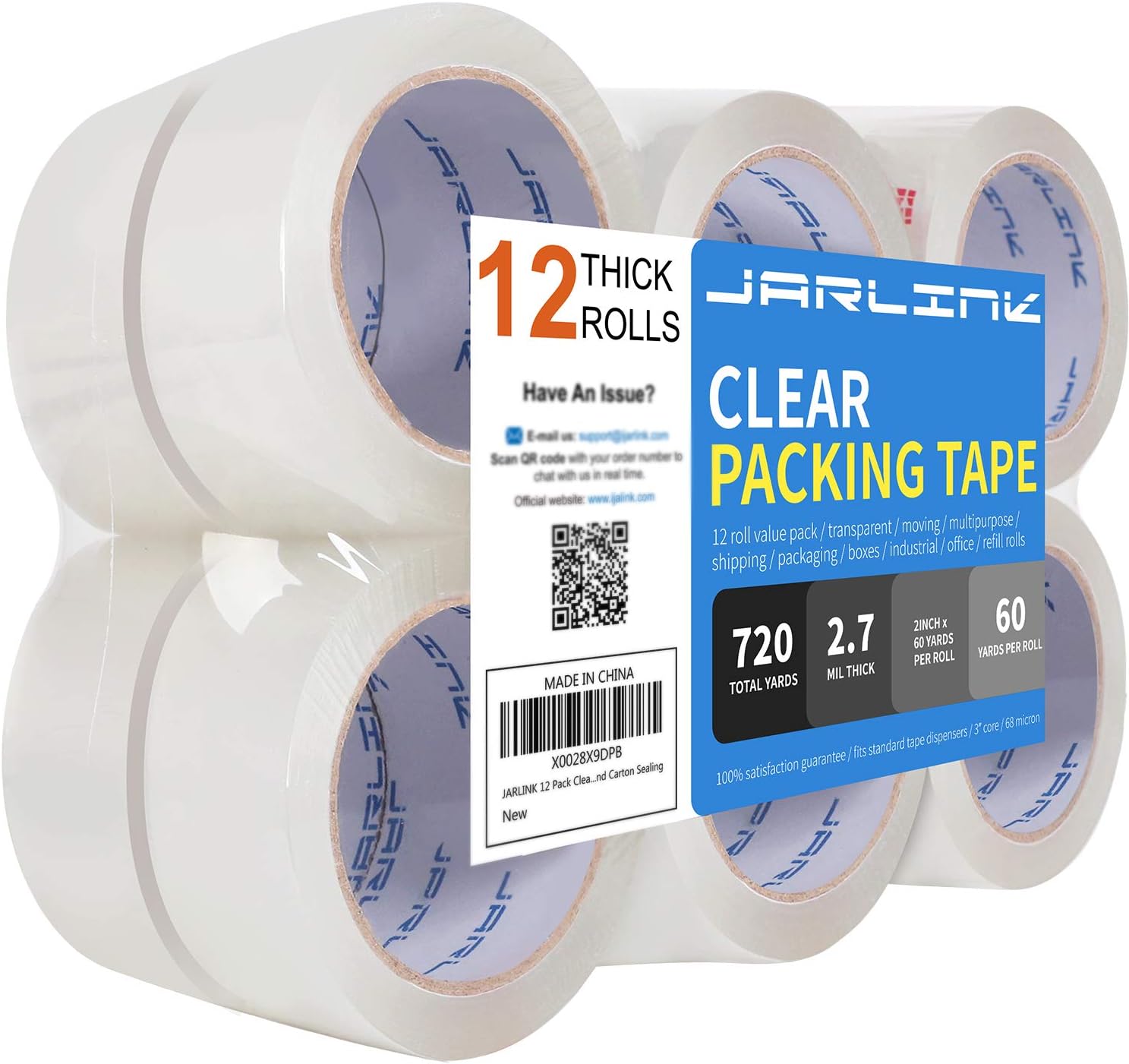 JARLINK Clear Packing Tape (12 Rolls), Heavy Duty Packaging Tape for Shipping Packaging Moving Sealing, 2.7mil Thick, 1.88 inches Wide, 60 Yards Per Roll, 720 Total Yards : Office Products