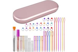 BUPETE 54 Pcs Large Eye Needles Set Including 18 Large Eye Plastic Needles, 4 Yarn Needle Bent Tip Needles, 9 Large-Eye Blunt Needles, 20 Knitting Stitch Markers with Box and Needles Bottle